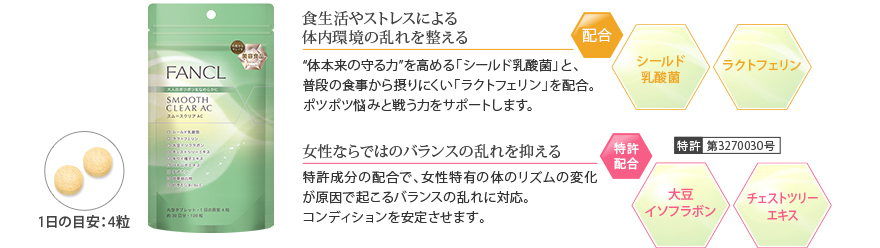 1日の目安:4粒 食生活やストレスによる体内環境の乱れを整える 体本来の守る力”を高める「シールド乳酸菌」と、普段の食事から摂りにくい「ラクトフェリン」を配合。ポツポツ悩みと戦う力をサポートします。 配合 ラクトフェリン シールド乳酸菌 女性ならではのバランスの乱れを抑える 特許成分の配合で、女性特有の体のリズムの変化が原因で起こるバランスの乱れに対応。コンディションを安定させます。 特許配合 大豆イソフラボン チェストツリーエキス