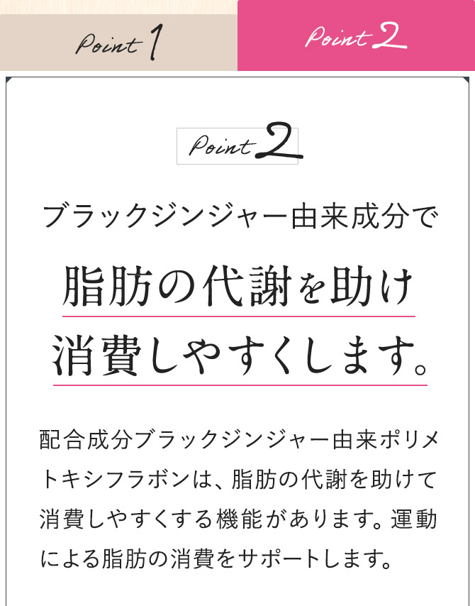 Point2 ブラックジンジャー由来成分で脂肪の代謝を助け消費しやすくします。