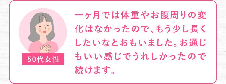 50代女性 一ヶ月では体重やお腹周りの変化はなかったので、もう少し長くしたいなとおもいました。 お通じもいい感じでうれしかったので続けます。