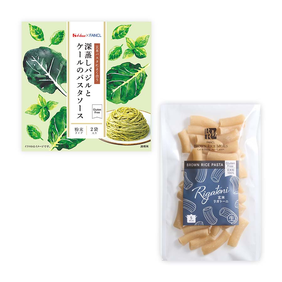 深蒸しバジルとケールのパスタソース＆玄米生パスタ
