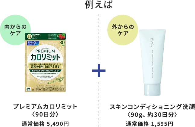 例えば、「内からのケア」/プレミアムカロリミット
            〈90日分〉通常価格 5,490円 + 「外からのケア」/スキンコンディショニング洗顔
            〈90g、約30日分〉通常価格 1,595円 = 合計金額：7,085円で、キャンペーンに自動エントリー完了！
