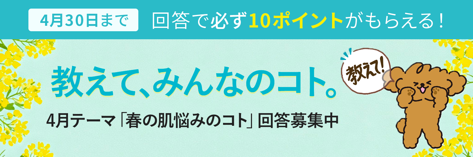 教えて、みんなのコト。生活にまつわる様々なテーマの調査 毎月開催 ご回答で10ポイントプレゼント!