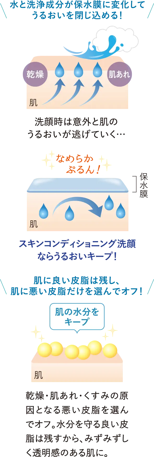 水と洗浄成分が保水膜に変化してうるおいを閉じ込める! 肌に良い皮脂は残し、肌に悪い皮脂だけを選んでオフ!