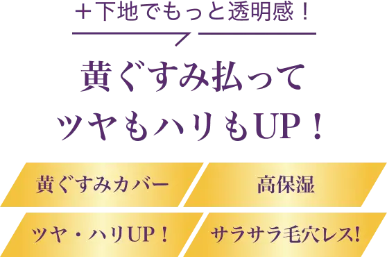 下地でもっと透明感！ 黄ぐすみ払ってツヤもハリもUP！ 黄ぐすみカバー 高保湿 ツヤ・ハリUP！ サラサラ毛穴レス！