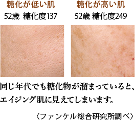 糖化が低い肌 52歳 糖化度137 糖化が高い肌 52歳 糖化度249 同じ年代でも糖化物が溜まっていると、 エイジング肌に見えてしまいます。〈ファンケル総合研究所調べ〉
