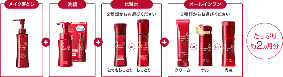 メイク落とし + 洗顔 + 化粧水 2種類からお選びください とてもしっとり or しっとり + オールインワン 3種類からお選びください クリーム or ゲル or 乳液 たっぷり約2ヵ月分