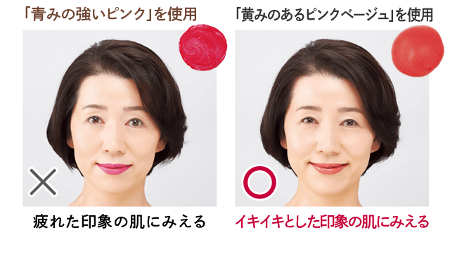 ×「青みの強いピンク」を使用 疲れた印象の肌にみえる 〇「黄みのあるピンクベージュ」を使用 イキイキとした印象の肌にみえる