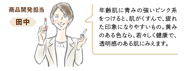 年齢肌に青みの強いピンク系をつけると、肌がくすんで、疲れた印象になりやすいもの。黄みのある色なら、若々しく健康で、透明感のある肌にみえます。 商品開発担当 田中