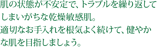 肌の状態が不安定で、トラブルを繰り返してしまいがちな乾燥敏感肌。適切なお手入れを根気よく続けて、健やかな肌を目指しましょう。