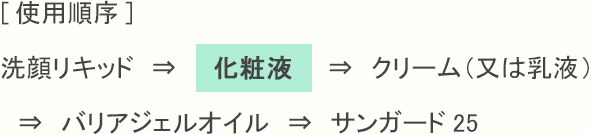 [使用順序] 洗顔リキッド　⇒　　化粧液　　⇒　クリーム(又は乳液)　⇒　バリアジェルオイル　⇒　サンガード25