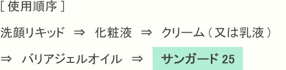 [使用順序] 洗顔リキッド　⇒　化粧液　⇒　クリーム(又は乳液)　⇒　　バリアジェルオイル　⇒　　サンガード25 