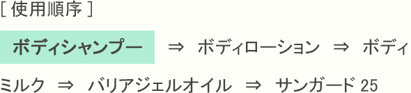 [使用順序] 　ボディシャンプー　　⇒　ボディローション　⇒　ボディミルク　⇒　バリアジェルオイル　⇒　サンガード25