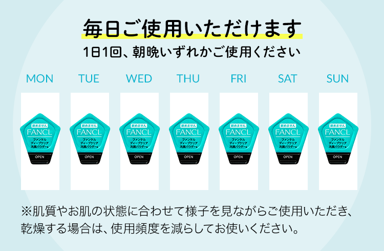 毎日ご使用いただけます 1日1回、朝晩いずれかご使用ください ※肌質やお肌の状態に合わせて様子を見ながらご使用いただき、乾燥する場合は、使用頻度を減らしてお使いください。