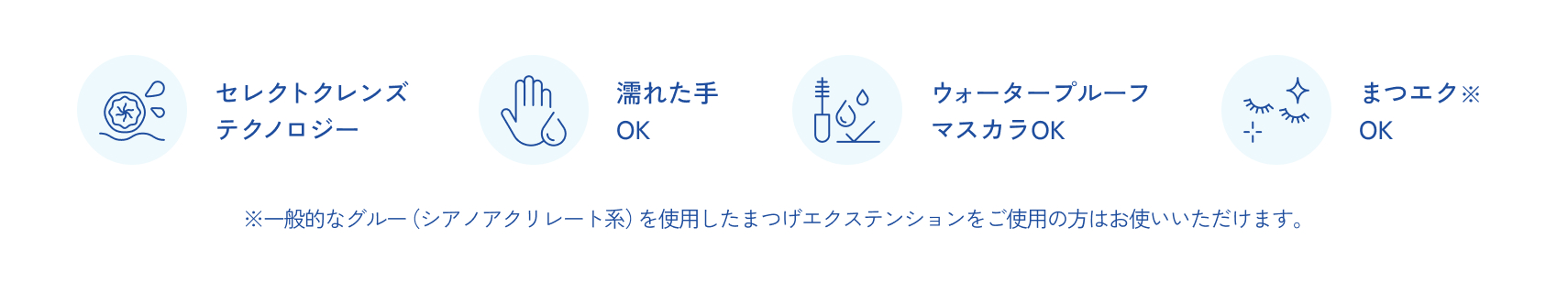 セレクトクレンズテクノロジー 濡れた手OK ウォータープルーフマスカラOK まつエク※OK ※一般的なグルー（シアノアクリレート系）を使用したまつげエクステンションをご使用の方はお使いいただけます。