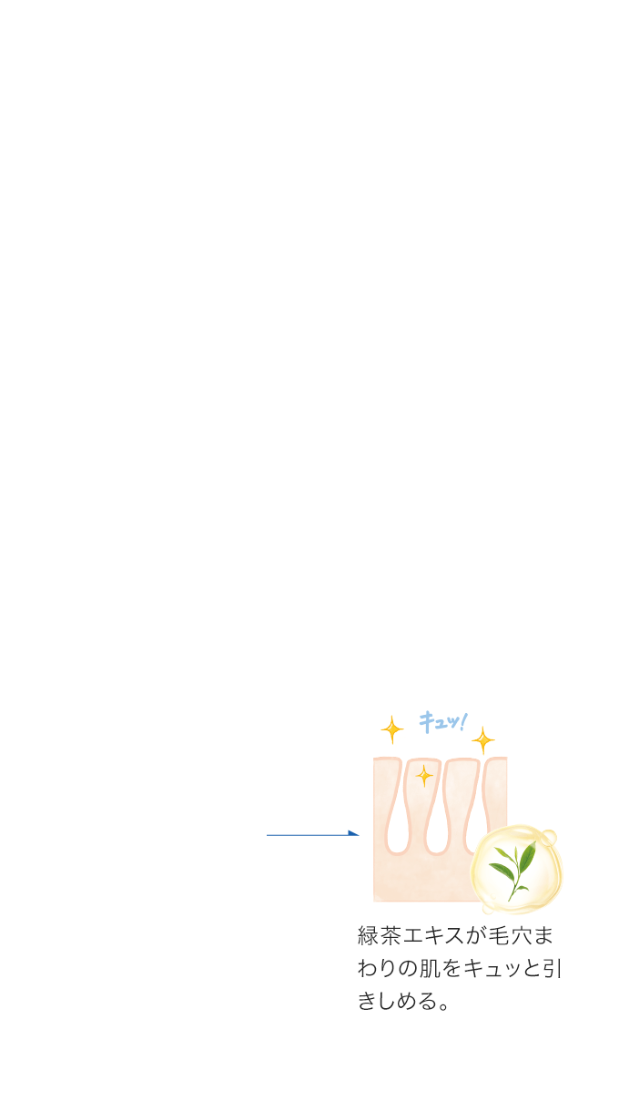 緑茶エキスが毛穴まわりの肌をキュッと引きしめる。