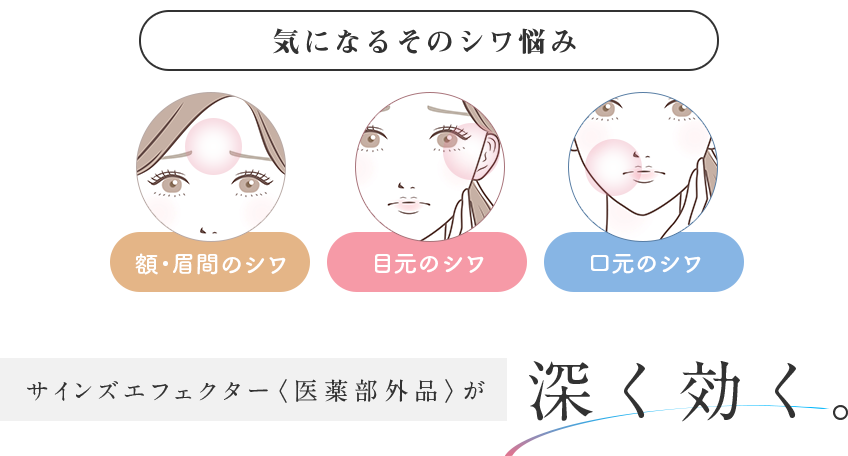 気になるそのシワ悩み 額・眉間のシワ 目元のシワ 口元のシワ サインズエフェクター〈医薬部外品〉が深く効く。