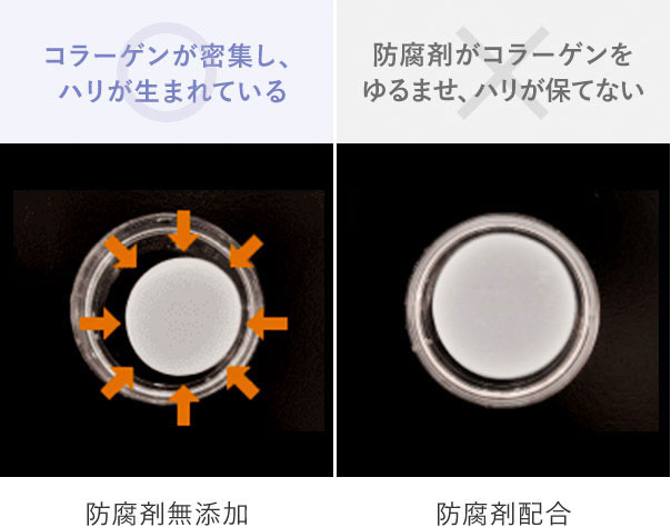 図：コラーゲンが密集し、ハリが生まれている／防腐剤がコラーゲンをゆるませ、ハリが保てない