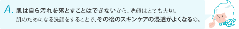 肌は自ら汚れを落とすことはできないから、洗顔はとても大切。肌のためになる洗顔をすることで、その後のスキンケアの浸透がよくなるの。