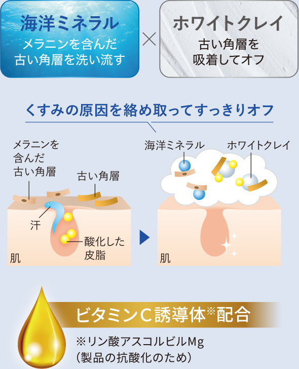 くすみの原因を絡め取ってすっきりオフ 海洋ミネラル メラニンを含んだ古い角層を洗い流す × ホワイトクレイ 古い角層を吸着してオフ ビタミンC誘導体配合