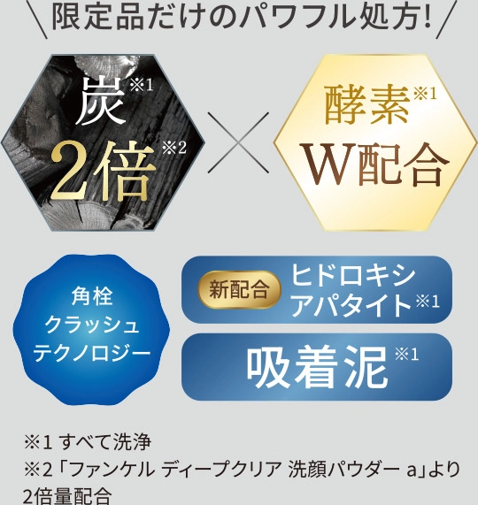 限定品だけのパワフル処方！ 炭2倍、酵素W配合、角栓クラッシュテクノロジー、ヒドロキシアパタイト・吸着泥。