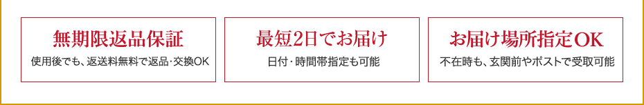 無期限返品保証　使用後でも、返送料無料で返品・交換OK　最短2日でお届け　日付・時間帯指定も可能　お届け場所指定OK　不在時も、玄関前やポストで受取可能