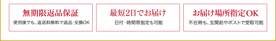 無期限返品保証　使用後でも、返送料無料で返品・交換OK　最短2日でお届け　日付・時間帯指定も可能　お届け場所所指定OK　不在時も、玄関前やポストで受取可能