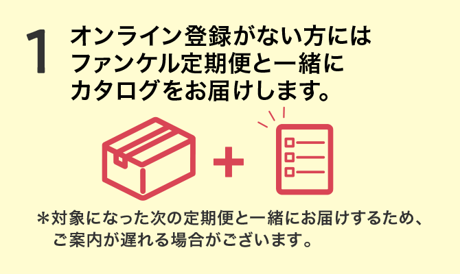 1.オンライン登録がない方にはファンケル定期便と一緒にカタログをお届けします。 ＊対象になった次の定期便と一緒にお届けするため、ご案内が遅れる場合がございます。