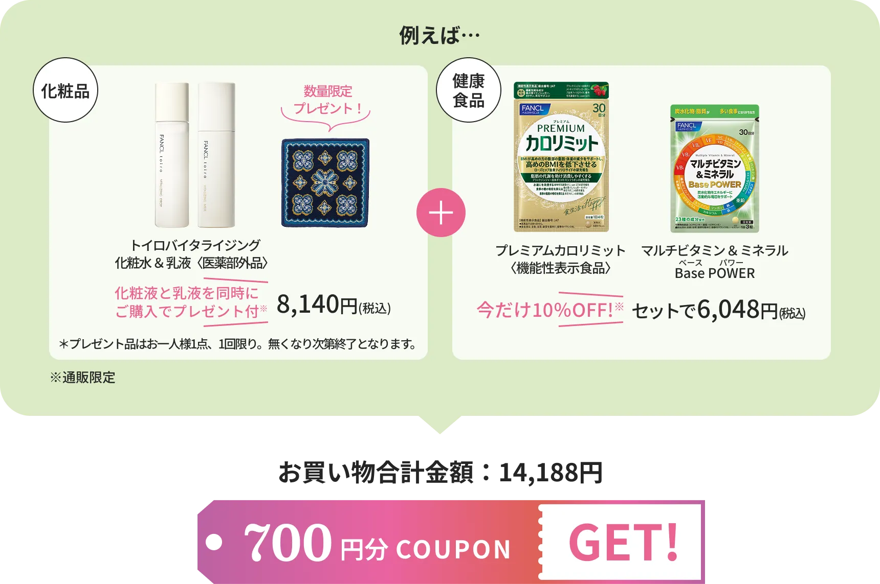 例えば・・・ネット通販でお買い物12,000円＋アプリを使って店舗でお買い物3,000円/お買い物合計金額：15,000円/1,000円分 COUPON GET!