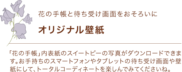 花の手帳と待ち受け画面をおそろいに オリジナル壁紙 「花の手帳」内装紙のスイートピーの写真がダウンロードできます。お手持ちのスマートフォンやタブレットの待ち受け画面や壁紙にして、トータルコーディネートを楽しんでみてくださいね。