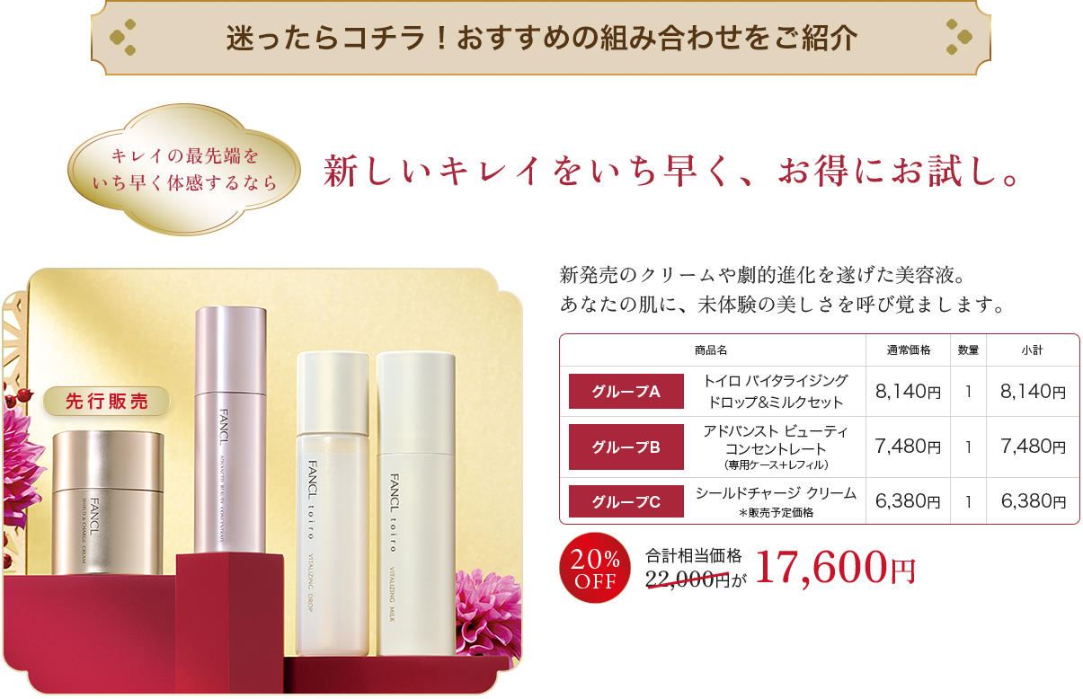 迷ったらコチラ！ おすすめの組み合わせを ご紹介。新しいキレイをいち早く、お得にお試し。グループA トイロ バイタライジング ドロップ&ミルクセット×1, グループB アドバンスト ビューティ コンセントレート （専用ケース＋レフィル）×1, グループC シールドチャージ クリーム×1 合計相当価格 22,000円が 17,600円