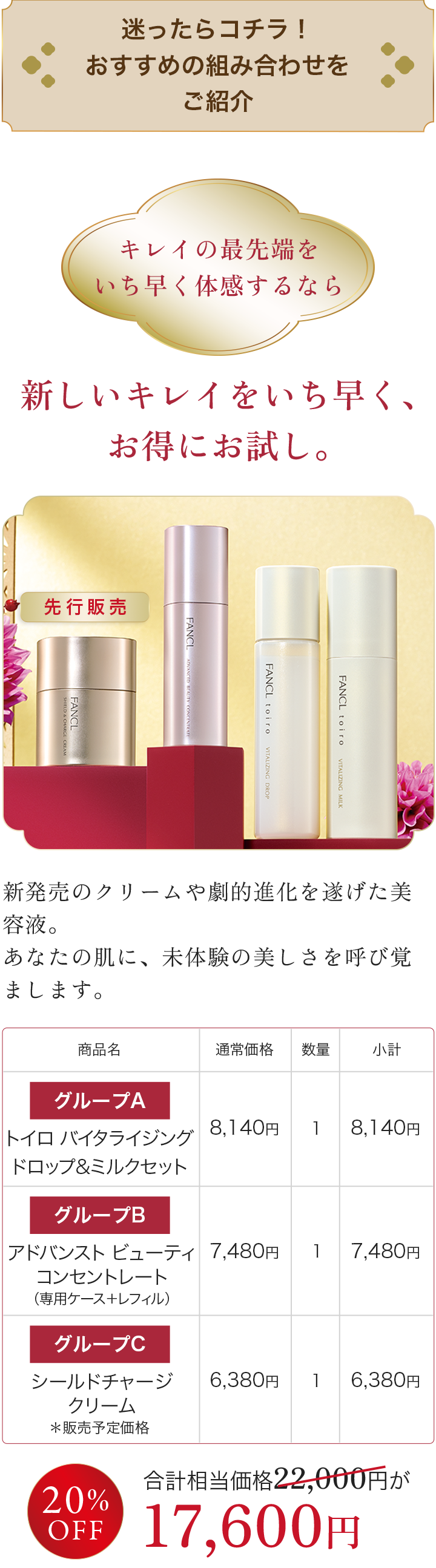 迷ったらコチラ！ おすすめの組み合わせを ご紹介。新しいキレイをいち早く、お得にお試し。グループA トイロ バイタライジング ドロップ&ミルクセット×1, グループB アドバンスト ビューティ コンセントレート （専用ケース＋レフィル）×1, グループC シールドチャージ クリーム×1 合計相当価格 22,000円が 17,600円