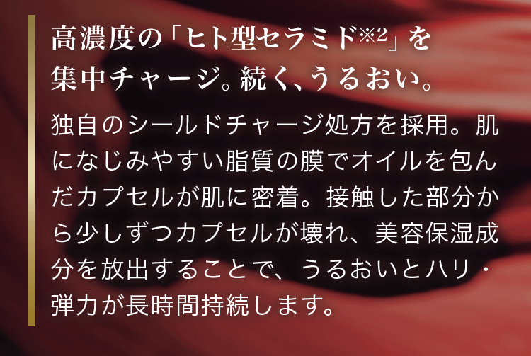 高濃度の「ヒト型セラミド※2」を集中チャージ。続く、うるおい。独自のシールドチャージ処方を採用。肌になじみやすい脂質の膜でオイルを包んだカプセルが肌に密着。接触した部分から少しずつカプセルが壊れ、美容保湿成分を放出することで、うるおいとハリ・弾力が長時間持続します。