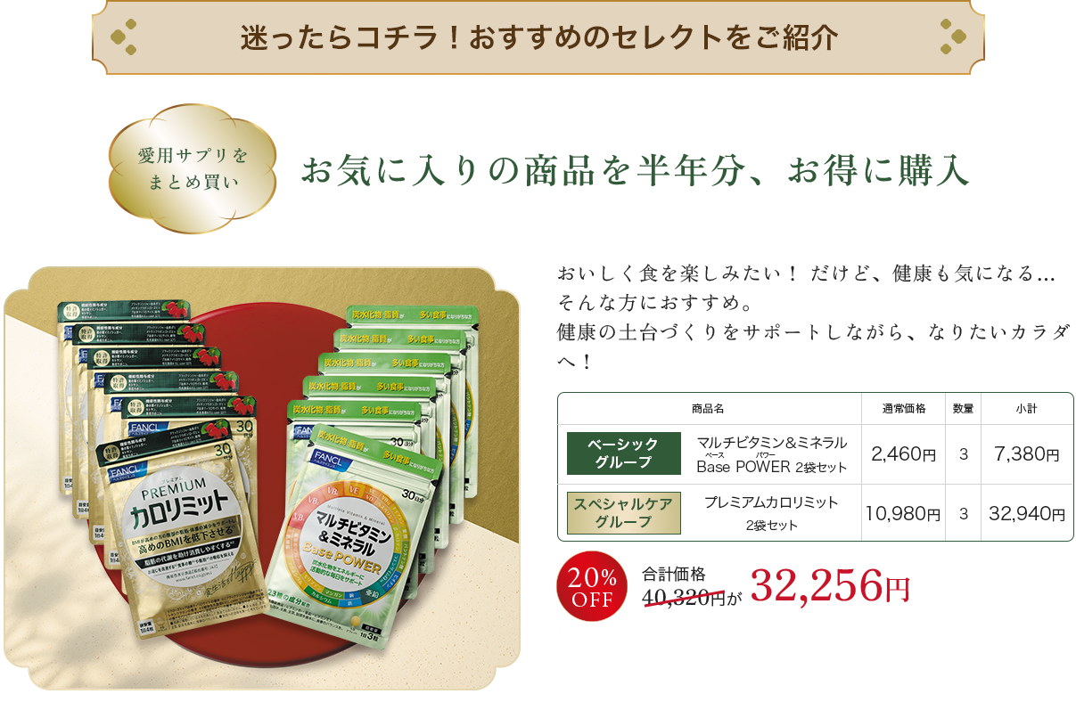 迷ったらコチラ！ おすすめの組み合わせを ご紹介。お気に入りの商品を半年分、お得に購入 ベーシックグループ マルチビタミン＆ミネラルBase POWER 2袋セット×3, スペシャルケア グループ プレミアムカロリミット 2袋セット×3 合計相当価格 40,320円が 32,256円