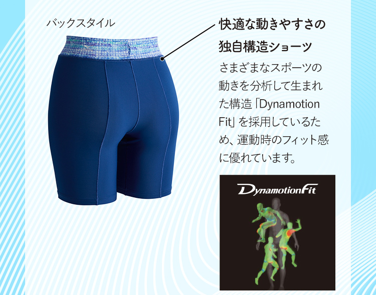 快適な動きやすさの独自構造ショーツ さまざまなスポーツの動きを分析して生まれた構造「Dynamotion Fit」を採用しているため、運動時のフィット感に優れています。