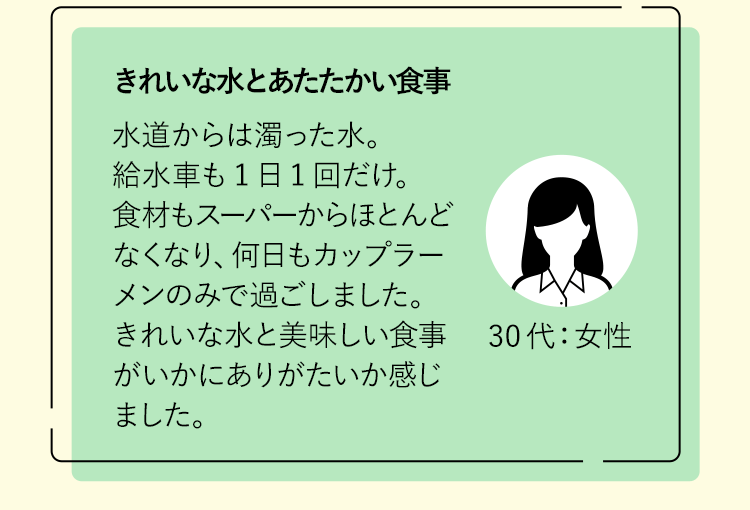 きれいな水とあたたかい食事水道からは濁った水。給水車も1日1回だけ。食材もスーパーからほとんどなくなり、何日もカップラーメンのみで過ごしました。きれいな水と美味しい食事がいかにありがたいか感じました。30代：女性