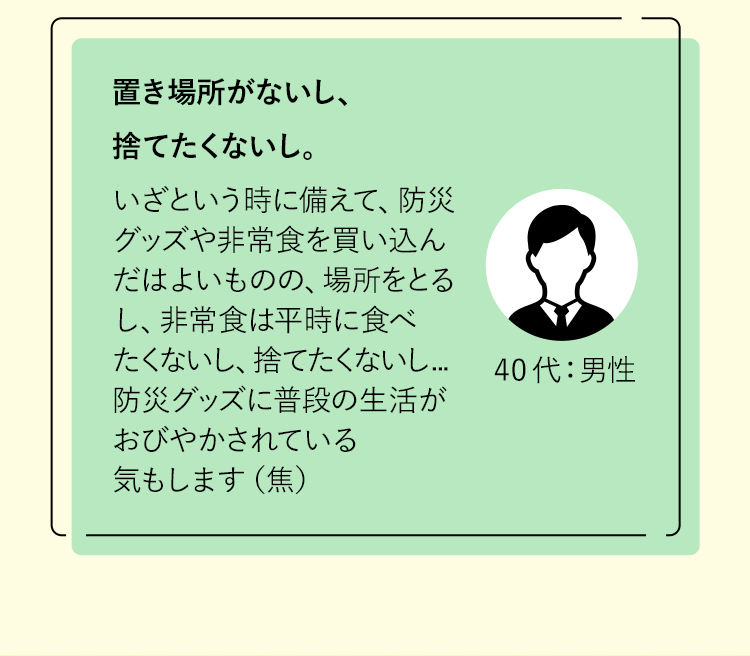 置き場所がないし、捨てたくないし。いざという時に備えて、防災グッズや非常食を買い込んだはよいものの、場所をとるし、非常食は平時に食べたくないし、捨てたくないし...防災グッズに普段の生活がおびやかされている気もします（焦）40代：男性