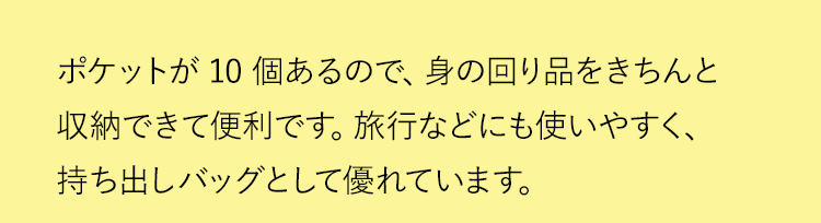 ポケットが10個あるので、身の回り品をきちんと収納できて便利です。旅行などにも使いやすく、持ち出しバッグとして優れています。