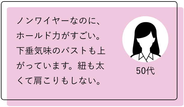 50代 ノンワイヤーなのに、ホールド力がすごい。下垂気味のバストも上がっています。紐も太くて肩こりもしない。