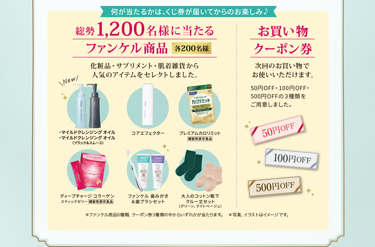 何が当たるかは、くじ件が届いてからのお楽しみ♪総勢1,200名様に当たるファンケル商品（各200名様）／お買い物クーポン券