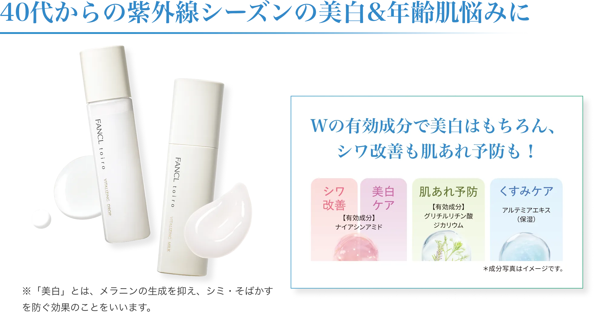 40代からの紫外線シーズンの美白と年齢肌悩みに。ブライトニング化粧液と乳液で、シワ改善、美白ケア、肌あれ予防、くすみケアにアプローチ