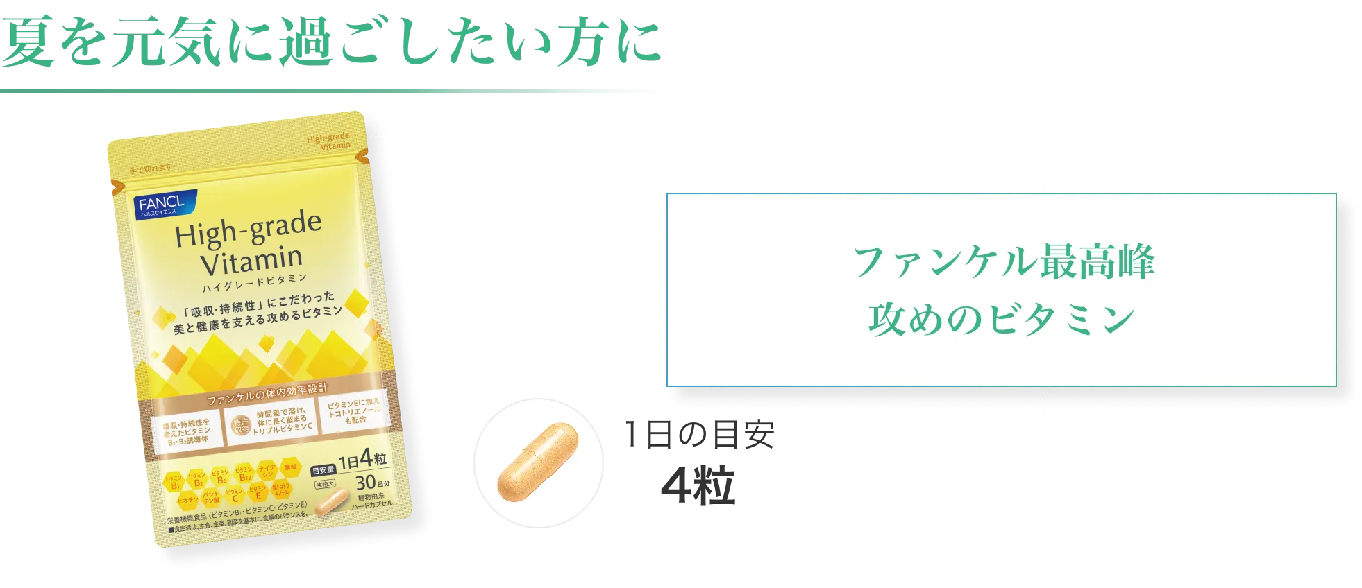 夏を元気に過ごしたい方におすすめのハイグレードビタミン。1日の目安は4粒