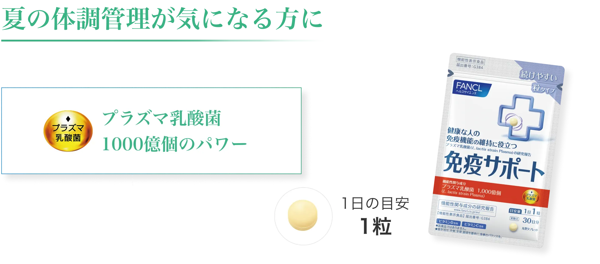 夏の体調管理が気になる方におすすめの免疫サポート。プラズマ乳酸菌1000億個配合で、1日の目安は1粒