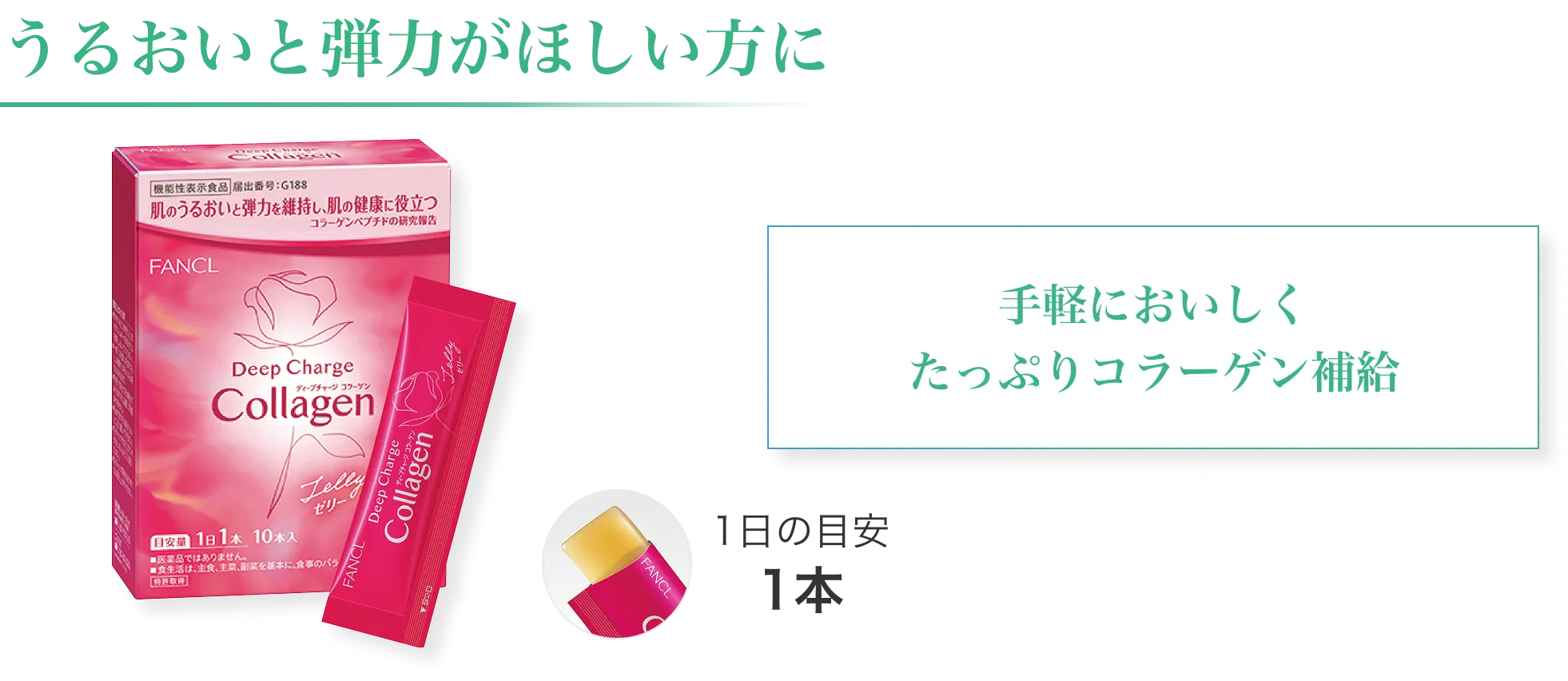 うるおいと弾力がほしい方におすすめのディープチャージコラーゲンゼリー。手軽においしくコラーゲン補給でき、1日の目安は1本