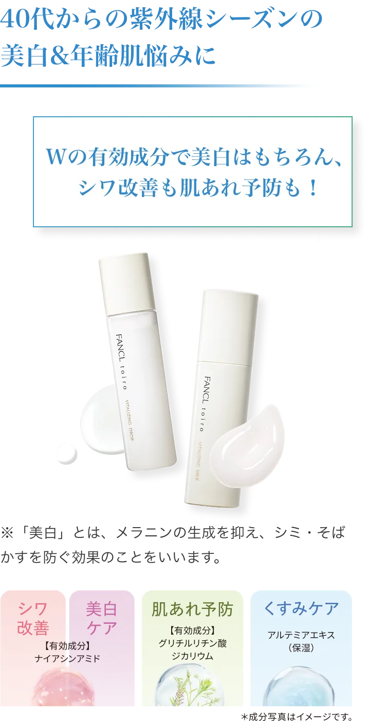 40代からの紫外線シーズンの美白と年齢肌悩みに。ブライトニング化粧液と乳液で、シワ改善、美白ケア、肌あれ予防、くすみケアにアプローチ
