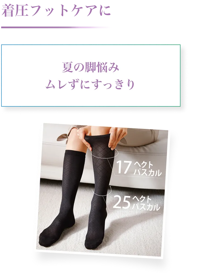 着圧フットケアにおすすめの着圧ソックス。夏の脚悩みに、ムレずにすっきりケア