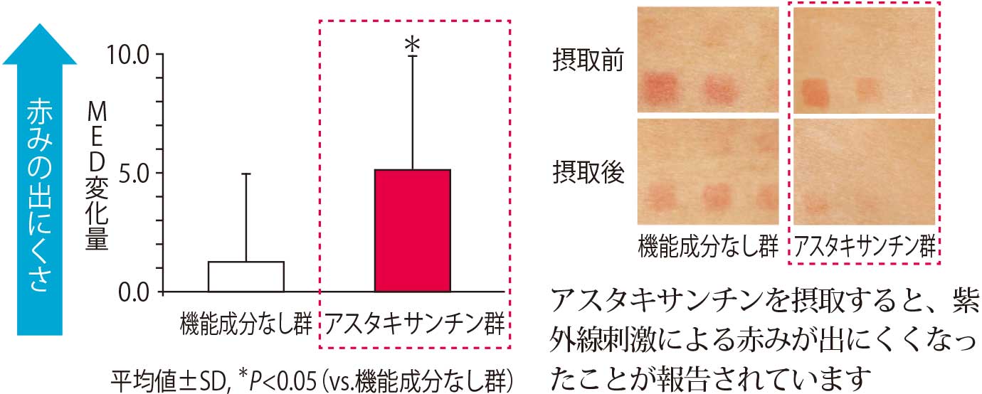 アスタキサンチンを摂取すると、紫外線刺激による赤みが出にくくなったことが報告されています