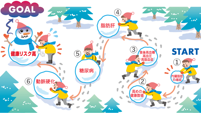START ①内臓脂肪の増加 ②高めの健康数値 ③食後高血糖・高血圧・高脂血症 ④脂肪肝 ⑤糖尿病 ⑥動脈硬化 健康リスク高 GOAL