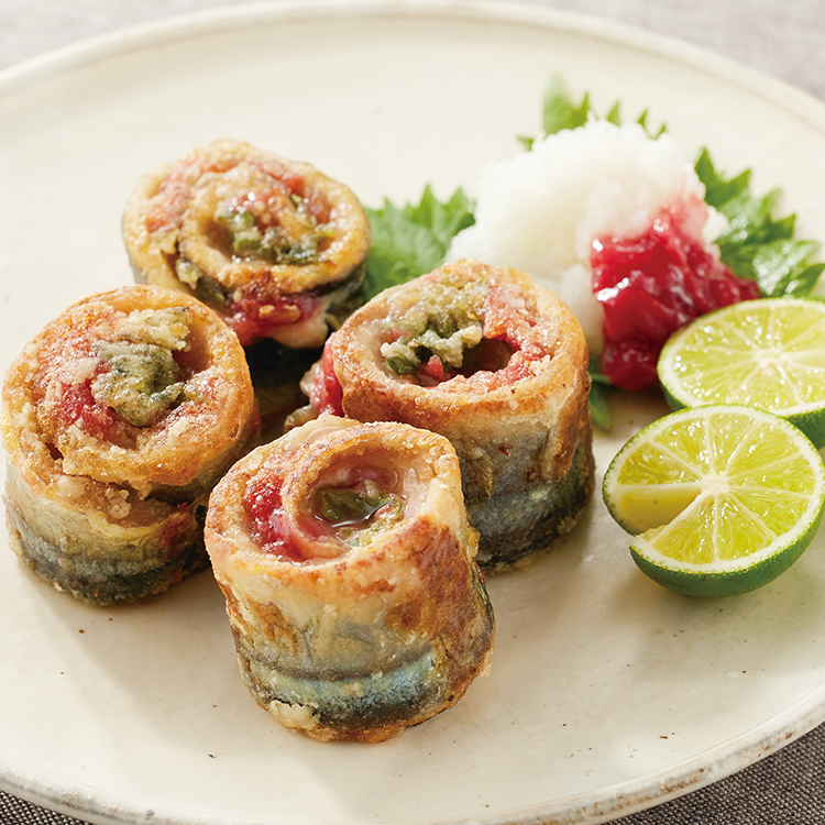 「サンマの梅しそロール」と「豆乳と秋野菜の豚汁」