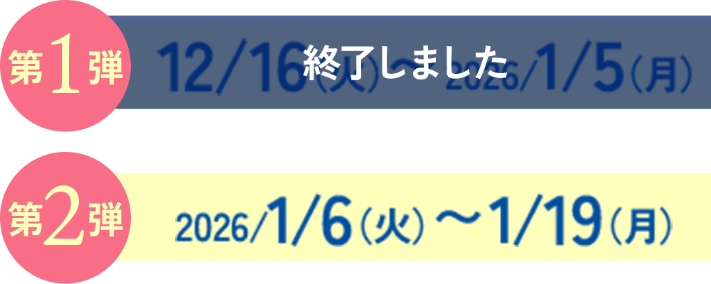 第１弾12/16（火）〜2026/1/5（月） 第2弾2026/1/6（火）〜1/19（月）