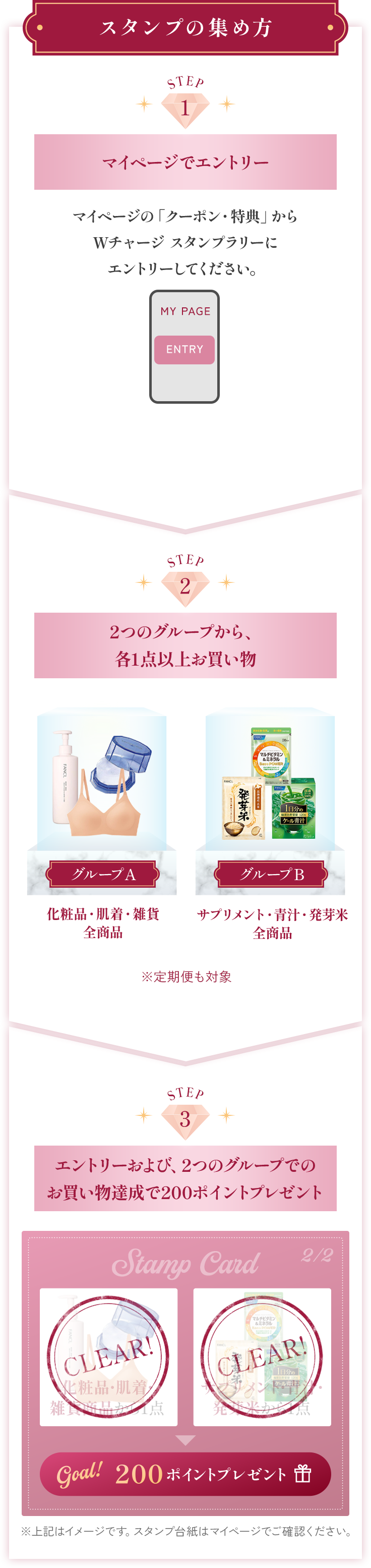 スタンプの集め方 STEP1マイページでエントリー STEP22つのグループから、各1点以上お買い物 STEP3エントリーおよび、2つのグループでのお買い物達成で200ポイントプレゼント
